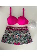 Kadın Fuşya Taş İşlemeli Desenli 3 Parça Bikini Takım HZL25S-LC3326