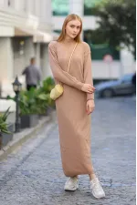 Robe longue en maille côtelée camel à col zippé pour femme HZL24W-BD1102271