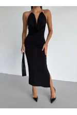Women's Black Sandy Midi Dress with Neck Accessory and Side Slit HZL26S-FRY123841