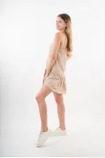 Kadın Bej V Yaka İp Askılı Eteği Pileli Güpür Detaylı Elbise HZL24S-YY244