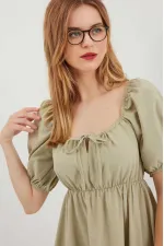 Robe évasée en popeline verte à col froncé et taille élastique pour femme Çağla HZL22S-BD123511