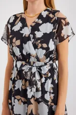 Robe courte en mousseline à motifs, manches courtes, référence 2502 - Noir