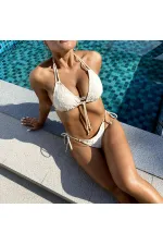 Kadın Beyaz İp Bağlamalı Aksesuarlı Astarlı Yüksek Bel Üçgen Bikini Takım HZL24S-LC2229