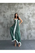 Kadın Haki Beyaz Detaylı Asimetrik Kesim V Yaka Ayarlanabilir İp Askılı Elbise HZL24S-MJ113041