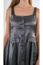 Kadın Antrasit Askılı Önden Düğmeli Cepli Beli Lastikli Şortlu Elbise HZL24S-YY197