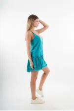 Kadın Turkuaz V Yaka İp Askılı Eteği Pileli Güpür Detaylı Elbise HZL24S-YY244