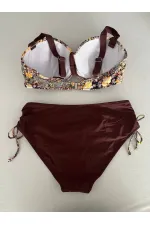 Kadın Kahve Çiçek Desenli Büyük Beden Astarlı Lacivert Bikini Takım HZL25S-LC3301