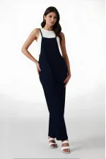 Women's Navy Blue Adjustable Straps Pocket Wide Leg Gardener Overalls HZL22S-BD170191