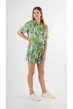 Kadın Yeşil Desenli Şort Gömlek Alt Üst Takım  HZL24S-YY226