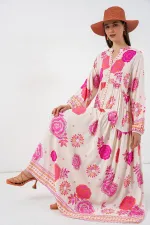 Kadın Desenli Uzun Tesettür Elbise 2585 - L. Fuşya