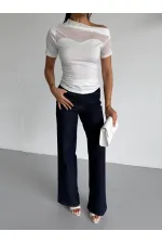 Women's White One-Shoulder Elegant Sandy Blouse with Transparent Tulle Detail HZL26S-FRY123871