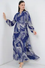 Kadın Desenli Uzun Tesettür Elbise 2585 - C.Lacivert