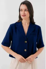 Women's Navy Blue Short Sleeve Shawl Collar Buttoned Seasonal Linen Ayrobin Jacket HZL24S-BD107061