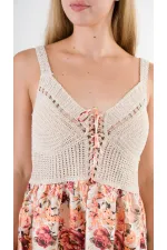 Kadın Sarı Önden İp Bağlamalı Ajurlu Model Saten Yüzeyli Mini Elbise HZL24S-YY250