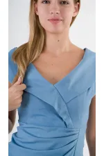 Kadın Mavi V Yaka Yırtmaç Detaylı Kolsuz Elbise HZL24S-YY272