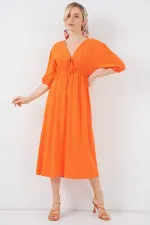 Robe 2570 pour femme, col en V et taille froncée - Orange
