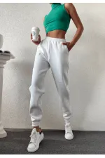 Kadın Beyaz Cepli Beli Paçası Lastikli 3 İplik Şardonlu Eşofman Altı HZL24W-ZK12321