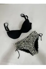 Kadın Siyah Taş İşlemeli Bej Desenli Astarlı Büyük Beden Bikini Takımı HZL25S-LC3351