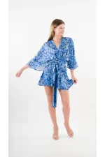 Kadın Mavi Desenli Saten Yüzeyli V Yaka Halka Detaylı Kuşaklı Mini Elbise HZL24S-YY230