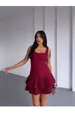 Kadın Bordo Pileli Şortlu Mini Elbise HZL25S-FRY122991