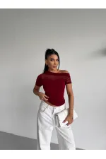 Kadın Bordo Tek Omuz Transparan Tül Detaylı Şık Sandy Bluz HZL26S-FRY123871