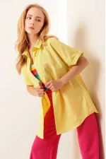 Kadın Sarı Oversize Uzun Kısa Kollu Basic Poplin Gömlek HZL22S-BD1201201