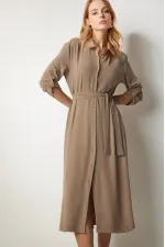 Kadın Krem Gizli Cepli Kuşaklı Viskon Gömlek Elbise HZL24S-BD124421