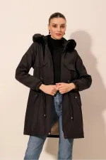 9129 Kapüşonlu Suni Kürklü Kaban - Siyah