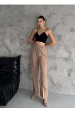 Kadın Bisküvi Lastikli Bel Yırtmaç Detaylı Cepsiz İthal Keten Astarsız Pantolon HZL24S-FRY121941