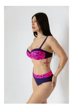 Women's Fuchsia Navy Blue Patterned Lined Bikini Set HZL25S-LC25143