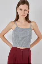 Women's Strappy Crop Top Blouse 15934 - Grey