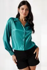 Kadın Yeşil Hafif Dökümlü Saten Yüzeyli Gömlek Hzl22w-bd139641