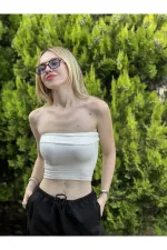 Kadın Beyaz Katlamalı Straplez Bluz HZL24S-ZK11301