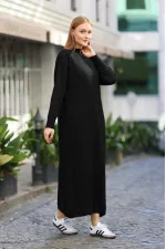 Robe longue noire en maille côtelée à col zippé pour femme HZL24W-BD1102271