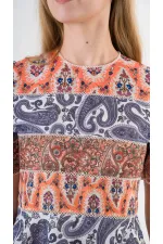 Kadın Lacivert Orange Etnik Desenli Bisiklet Yaka Astarsız Elbise HZL24S-YY238