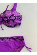 Kadın Lila Siyah Desenli Taş İşlemeli Toparlayıcı Bikini Takım HZL25S-LC3333