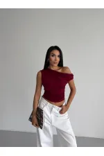 Kadın Bordo Yandan Drapeli Kayık Yaka Sandy Bluz HZL25S-FRY123201