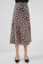 Kadın Vizon Leopar Desenli Saten Yüzeyli Beli Lastikli Midi Boy Etek Hzl23S-BD1101471