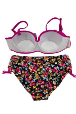Kadın Fuşya Çiçek Desenli Taş İşlemeli Büyük Beden Astarlı Bikini Takım HZL25S-LC3312