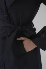 Kadın Lacivert Kruvaze Yaka Kuşaklı Astarlı Trençkot HZL25W-BD159181