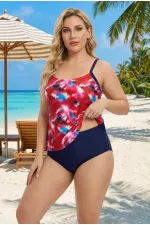 Kadın Lacivert Kırmızı Desenli Yüksek Bel Toparlayıcı Altlı Konfor Kalıp Büyük Beden Slipli Tankini HZL26S-LC2031