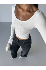 Kadın Beyaz Uzun Kollu Arkası Bağlamalı Fit Kesim Crop Bluz HZL25W-FRY122771