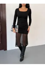 Women's Black Square Neck Tulle Skirt Dress HZL25W-FRY123561