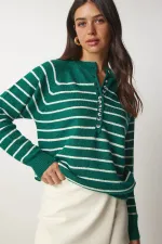 Pull rayé vert persan clair à manches ballon et col boutonné pour femme HZL23W-BD1101491