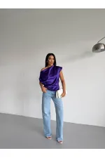 Kadın Mor Tek Omuz Asimetrik Kesim Saten Bluz HZL26W-FRY121171