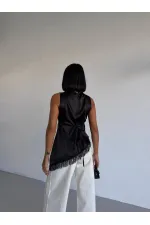 Women's Black Halter Neck Asymmetrical Cut Fringe Detail Satin Blouse HZL26S-FRY123911