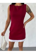 Kadın Bordo Beyaz Pileli İthal Dooble Kumaş Kolsuz Mini Elbise HZL25S-FRY122961