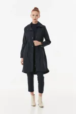 Trench-coat long bleu marine pour femme, doublé et froncé, avec poches et détails à la taille, HZL23W-BD158081