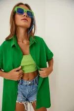 Kadın Koyu Yeşil Oversize Uzun Kısa Kollu Basic Poplin Gömlek HZL22S-BD1201201