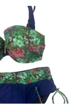 Kadın Yeşil Çiçek Desenli Büyük Beden Astarlı Lacivert Bikini Takım HZL25S-LC3301